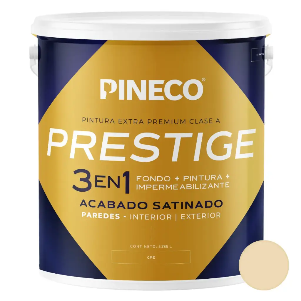 PINTURA DE CAUCHO SATINADO PRESTIGE 3 EN 1 CLASE AAA 01 GL COLOR MARFIL REF. 12AAA2G MARCA PINECO