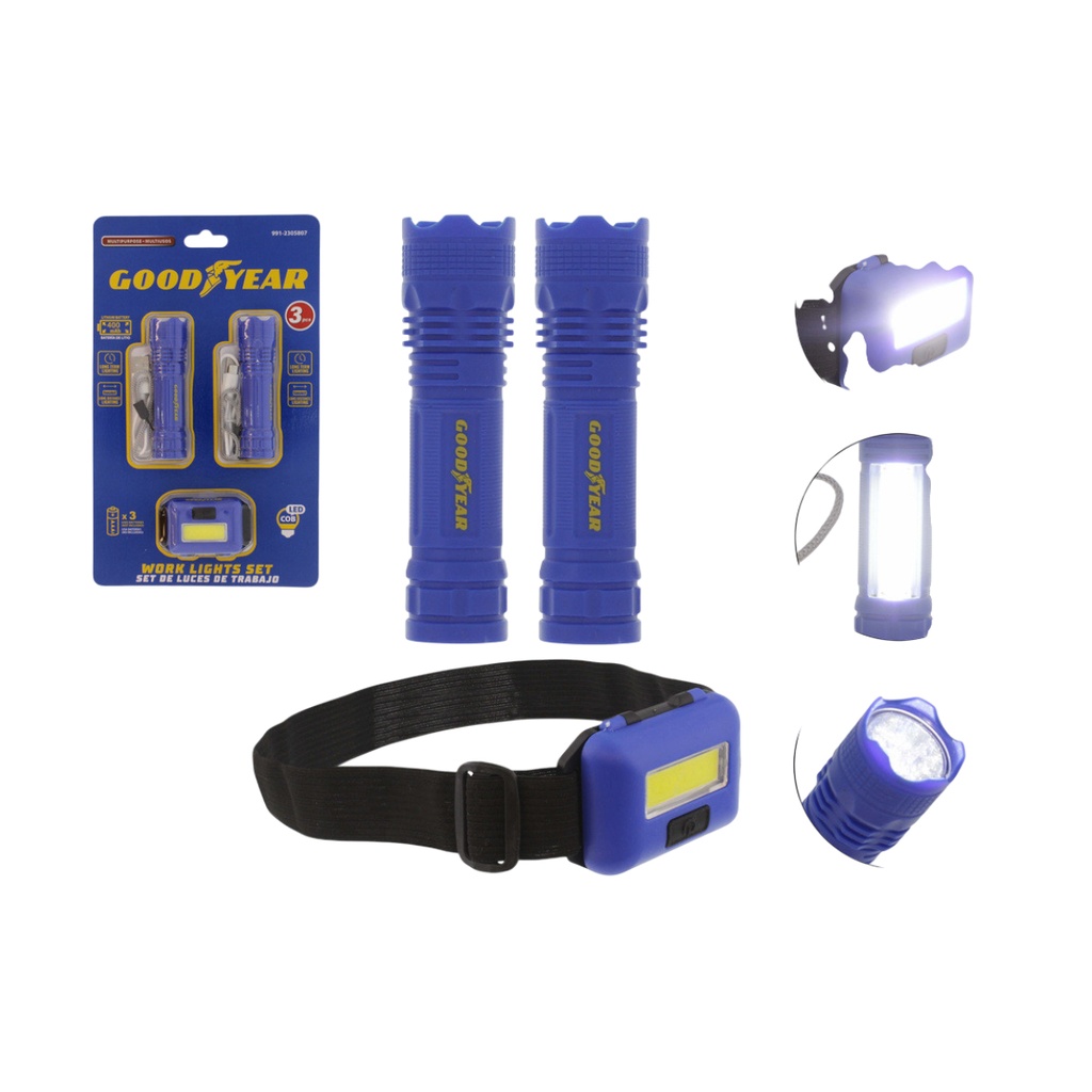 SET DE LINTERNAS LED 2 PZAS C/CAB. USB + 1 LINT. DE CABEZA S/BAT. REF. 991-2305807 / 058077 GOOD YEAR