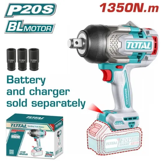 PISTOLA / LLAVE DE IMPACTO INALAMBRICA 3/4" 20V 1800 RPM 1350 Nm S/BATERIA C/3 DADOS 27-30-32 MM  REF. TIWLI201351/ 221056 TOTAL TOOLS