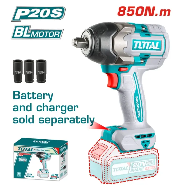 PISTOLA / LLAVE DE IMPACTO INALAMBRICA 1/2" 20V 2400 RPM 850 Nm S/BATERIA NI CARGADOR C/3 DADOS 22-24-27 MM  REF. TIWLI20851 / 221278 TOTAL TOOLS