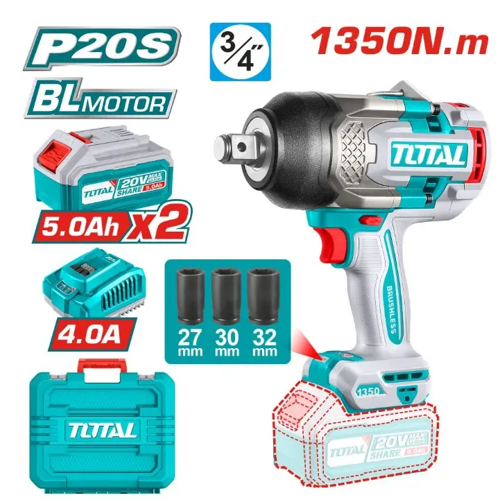 PISTOLA / LLAVE DE IMPACTO INALAMBRICA 3/4" 20V 1800 RPM 1350 Nm C/ MALETIN (2BAT+1CARG+3DAD 27-30-32MM) REF. UTIWLI20135 / 809721 TOTAL TOOLS