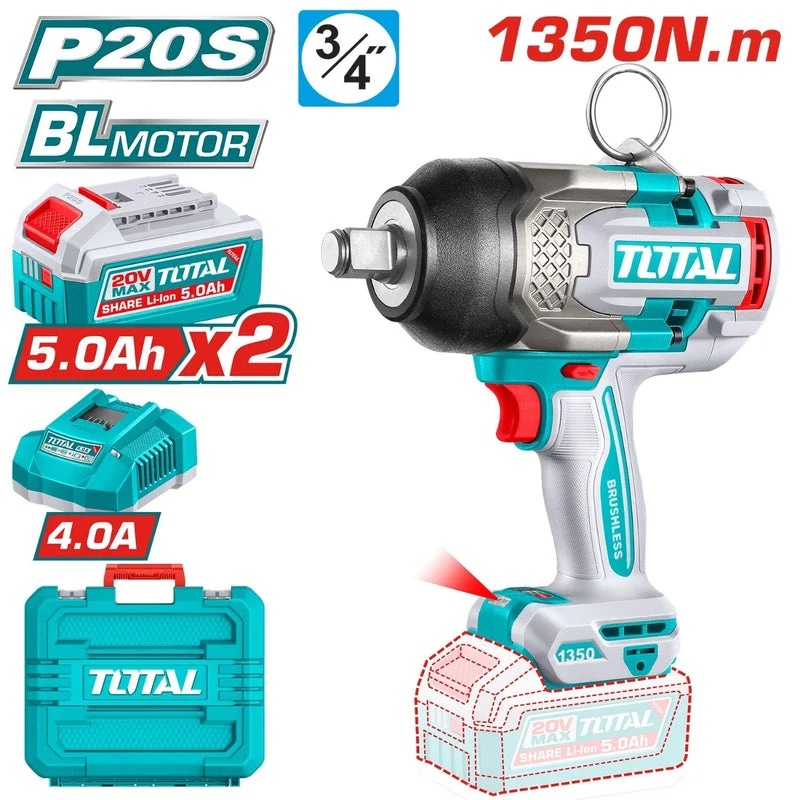 PISTOLA / LLAVE DE IMPACTO INALAMBRICA 3/4" 20V 0-1800RPM 1350-1900 Nm C/ MALETIN ( 2 BATERIAS 5.0Ah +1 CARGADOR 4.0Ax1) REF. UTIWLI201356 / 767808 TOTAL TOOLS