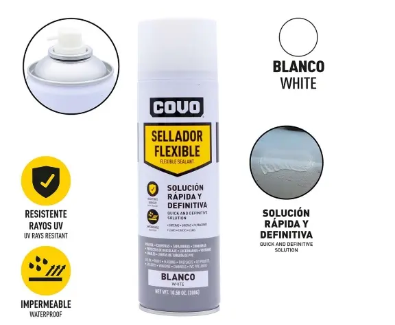 SELLADOR FLEXIBLE EN SPRAY BLANCO 300 G P/ GOTERAS-GRIETAS-FILTRACIONES REF. CV-SA450ML-WT / 13516 MARCA COVO