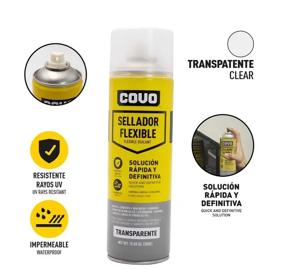 SELLADOR FLEXIBLE EN SPRAY TRANSPARENTE 300 G P/ GOT-GRIET-FILTR. REF. CV-SA450ML-TR / 9228 MARCA COVO