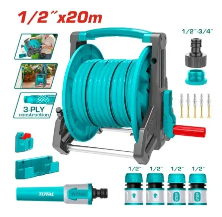 JUEGO DE CARRETE P/ MANGUERA DE RIEGO DE 1/2" 20 MTS MAT. PVC + ACC. ( CONEC+ADAP+BOQ) REF. THHR20124 MARCA TOTAL