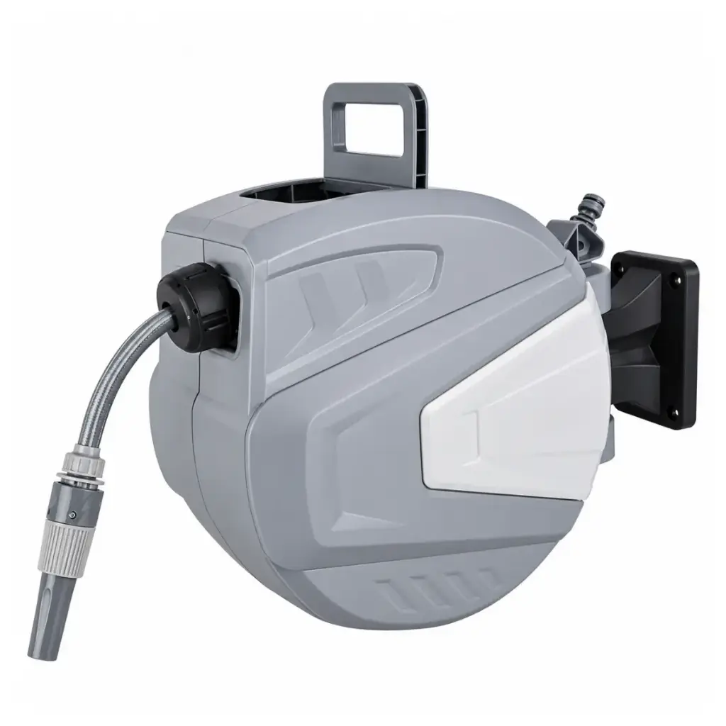 CARRETE PARA MANGUERA DE AGUA RETRACTIL CON MANGUERA DE 1/2" X 20 MTS CONEXION DE 3/4" REF. HER.04.01 MARCA BARI