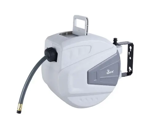 CARRETE PARA MANGUERA DE AIRE RETRACTIL CON MANGUERA DE 1/2" X 20 MTS CONEXION DE 3/4" REF. HER.04.03 MARCA BARI 