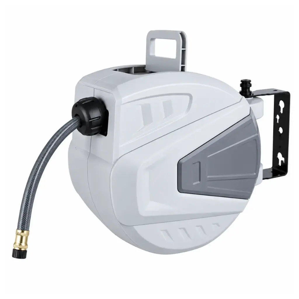 CARRETE PARA MANGUERA DE AIRE RETRACTIL CON MANGUERA DE 1/2" X 20 MTS CONEXION DE 3/4" REF. HER.04.03 MARCA BARI 