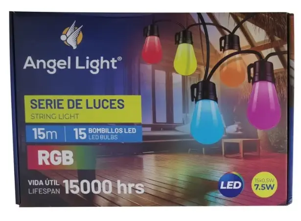 EXTENSION DE LUCES LED VINTAGE RGB 7.5W 15MTS C/15 BOMBILLOS 110V C/CONTROL REF. AL-SLRGB 1-15L / 10337 MARCA ANGEL LIGHT