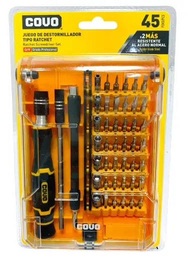 JUEGO DE DESTORNILLADOR Y PUNTAS 45 PZAS TIPO RACHET REF. CV-RSDSET-2 / 11556 MARCA COVO