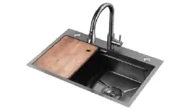 FREGADERO DE SOBREPONER ACERO INOX. NEGRO MATE CON GRIFERIA + ACCESORIOS 68.50 X 45.70 X 22.80 REF. FRE-1003 MARCA UNIQUE 