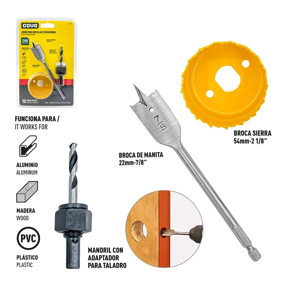 JUEGO DE MECHAS / BROCAS 3 PZAS INCLUYE MANITA 7/8", BROCA 2 1/8" Y ADAPTADOR P/TALADRO REF.  CV-KIT3 COD. 8581 MARCA COVO