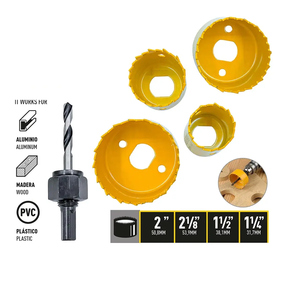 JUEGO DE MECHAS / BROCAS 5 PZAS INCLUYE  BROCAS  1 1/2" / 1 1/4" / 2" / 2 1/8"  Y ADAPTADOR P/TALADRO REF.  CV-KIT5 COD. 8582 MARCA COVO 