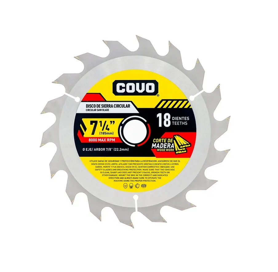 DISCO DE CORTE DE SIERRA P/MADERA 7 1/4" (185 MM X 22.2 MM ) 18 DIENTES REF. CV-CW-3 / 8597 MARCA COVO