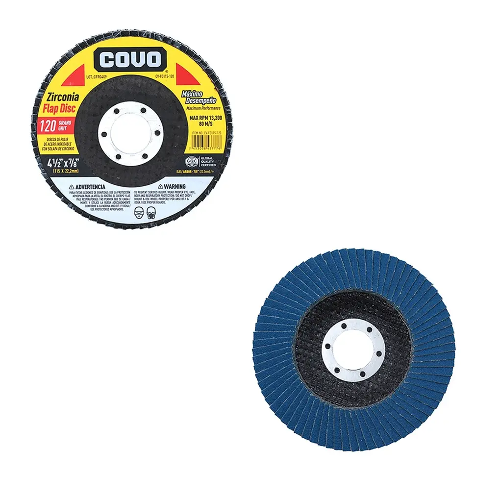DISCO DE LIJA (FLAP DISC) DE 4 1/2" X 7/8" GRANO 120 REF. CV-FD115-120/ 8657 MARCA COVO