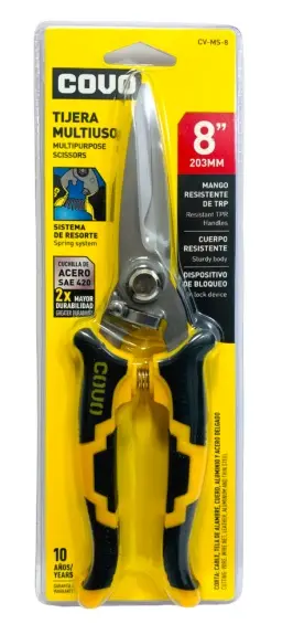 TIJERAS MULTIUSOS CON RESORTE 203MM, 8" HOJA DE ACERO INOX MANGO DE PVC REF. CV-MS-8 / 10895 MARCA COVO