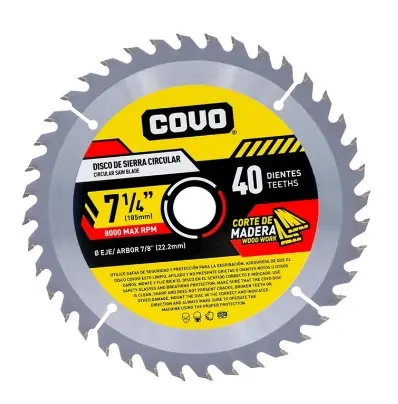 DISCO DE CORTE DE SIERRA P/MADERA 7 1/4" X 7/8" 40 DIENTES ( 185 MM X 22.2MM ) REF. CV-CW-4 / 9187 MARCA COVO