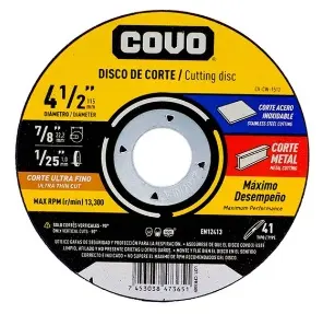 DISCO DE CORTE EXTRA FINO P/ METAL -ACERO INOX. DE 4 1/2"X7/8"X1/25" 13.200 RPM REF. CV-CW-1512 / 8663 MARCA COVO