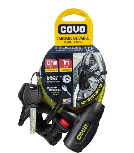 CANDADO DE SEGURIDAD T/ GUAYA PARA BICICLETAS DE 12 MM X 1MT  RECUBIERTO REF. CV-CLK-1 / 9954 MARCA COVO