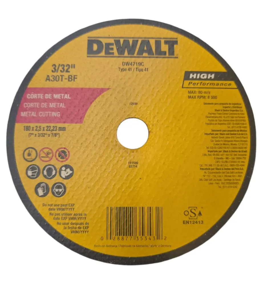 DISCO DE CORTE PLANO 7" X 3/32" X 7/8" ( 180 X 2.50 X 22.23 MM) PLANO REF. DW4719C / DIS-714 MARCA DEWALT 