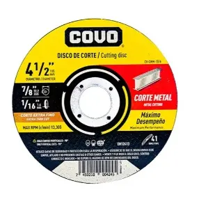 DISCO DE CORTE EXTRA FINO P/ METAL DE 4 1/2"X7/8"X1/16" 13.300 RPM REF. CV-CWM-1516 / 13188 MARCA COVO
