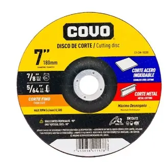 DISCO DE CORTE EXTRA FINO P/ METAL -ACERO INOX. DE 7"X5/6"X7/8" 8.600 RPM CONICO REF. CV-CW-1820B / 11104 MARCA COVO