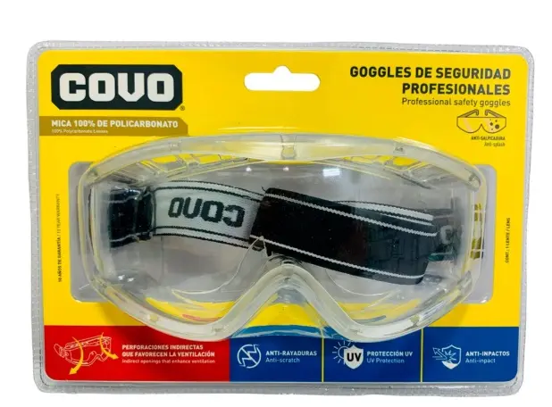 LENTES / ANTEOJOS DE SEGURIDAD PROFESIONAL TRANSPARENTES C/ BANDA ELASTICA REF. CV-GA-03 / 11389 MARCA COVO