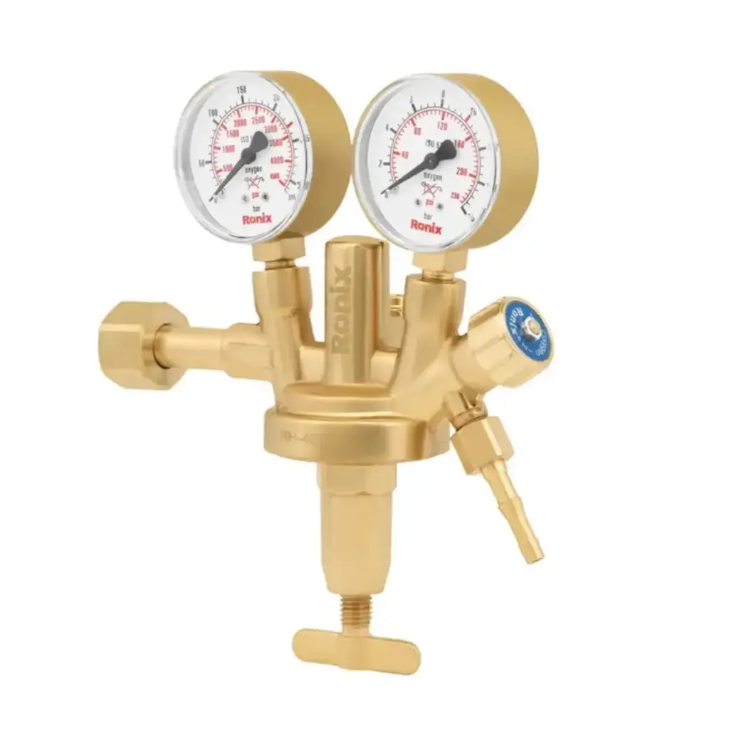 REGULADOR DE OXIGENO DOBLE ESCALA ENTRADA 200 BAR SALIDA 10 BAR ENTRADA W 21.80-14 SALIDA G 1/4"-6-8 NIPLE REF. RH-4504 MARCA RONIX