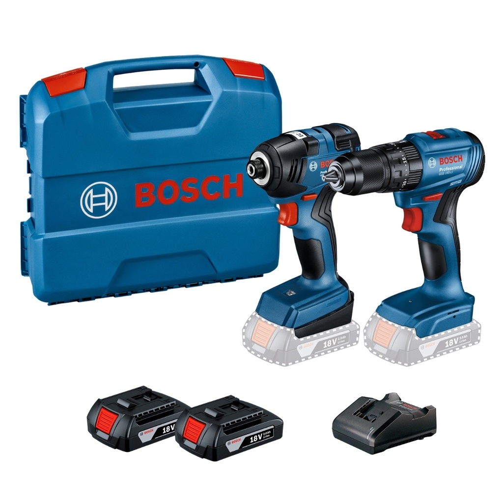 KIT TALADRO PERC. 1/2”+ LLAVE IMPACT. 1/4" 18V C/ MALT. +2BAT+CARG. REF. GDR 18V-200 + GSB 185-LI MARCA BOSCH 