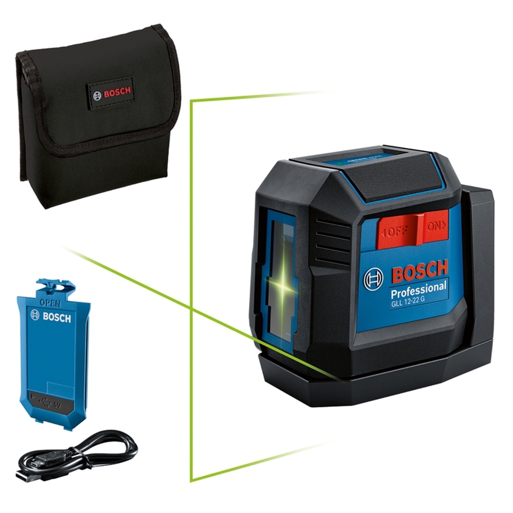 NIVEL LASER 2 PUNTOS HASTA 12 MTS LUZ VERDE C/BAT LITIO+CAB USB-A A USB  C+BOLSA REF. GLL 12-22G / 867333 MARCA BOSCH 