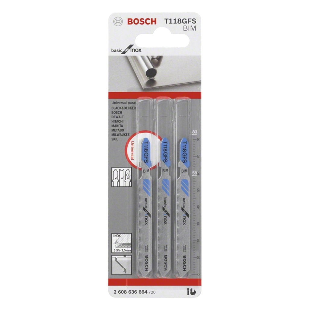 JUEGO DE HOJA SIERRA CALADORA P/ACERO INOX (3 PZS) REF. 2608636664 / 876775 / T118GFS MARCA BOSCH