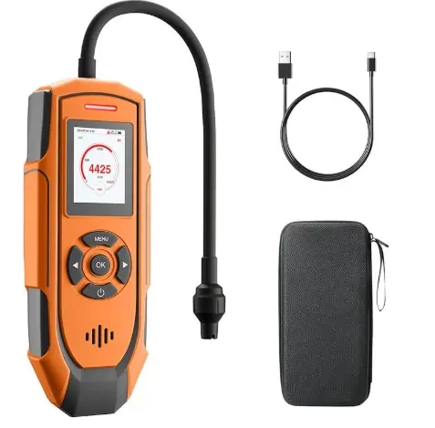DETECTOR DE GASES DIGITAL PANT. LCD C/SENSOR 11" 0 - 10000 PPM RECARG. P/ METANO Y PROPANO C/ CABLE USB-C + ESTUCHE REF. PT-990 / X04S781WJ MARCA TOPTES