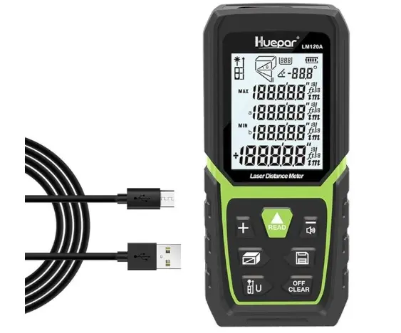MEDIDOR / METRO LASER 393 FT / 120 MTS IP54 RECARGABLE C/CABLE USB + BOLSO C/ NEGRO REF. LM120A / X0026JTHIP HUEPAR