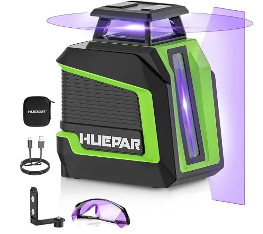 LASER AUTONIVELADOR - LINEAS EN CRUZ C/PURPURA 25 MTS RECAR. C/CAB. USB+EST+LENT+SOPORTE EN L REF. D011CP / X004M74YZZ HUEPAR