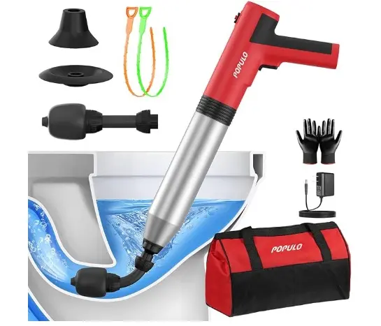 PISTOLA DE AIRE DESTAPA CAÑERIA / DRENAJE ELECTRICA P/ INODORO CON 8 ACCESORIOS REF. PPTA-8 / X0042HGZ5R MARCA POPULO