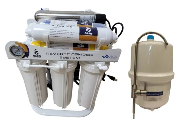 FILTRO DE AGUA / PURIFICADOR POR OSMOSIS INVERSA DE 8 ETAPAS +1 LAMPARA UV ( 9 ETAPAS ) C/ GRIF. CUELLO CISNE + TANQ. 3.20 G 110-220 V S/ PANTALLA REF. OPW-100GPD-8TN-UV MARCA OASIS