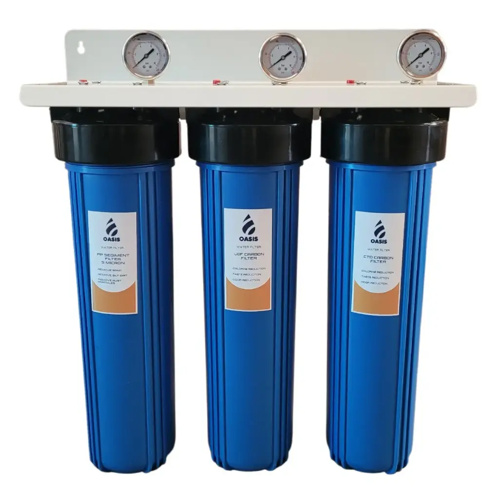 FILTRO BOTELLA 20" X 4.5" 3 ETAPAS C/ MANOMETRO Y CARTUCHOS UDF+CTO+PP 5 MICRA REF. OPW-20BL3SGC11 MARCA OASIS
