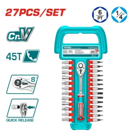 RACHET DE 1/4" CON JUEGO DE DADOS DE 27 PZAS REF. THT141271 / 227508 MARCA TOTAL TOOLS