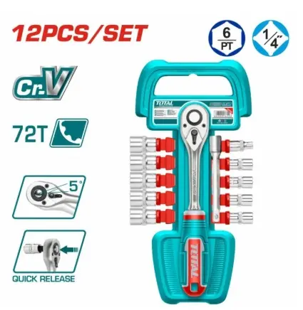 RACHET DE 1/4" CON JUEGO DE DADOS 12 PZAS Y EXTENSION 1/4" REF. THT14114126 / 195989 MARCA TOTAL TOOLS