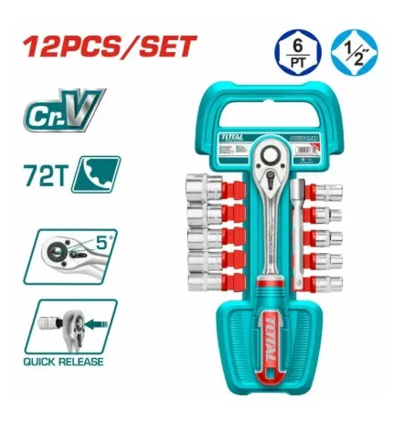 RACHET DE 1/2" CON JUEGO DE DADOS 12 PZAS Y EXTENSION 5" REF. THT141121 / 176322 MARCA TOTAL TOOLS