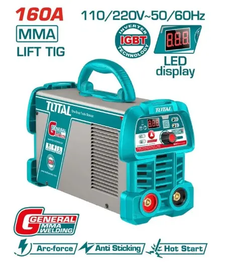 MAQUINA DE SOLDAR INVERTER DC 160 AMP EN 110 - 220V MONOFASICA MMA/ TIG C/PANTALLA LED REF. UTW216059 TOTAL TOOLS