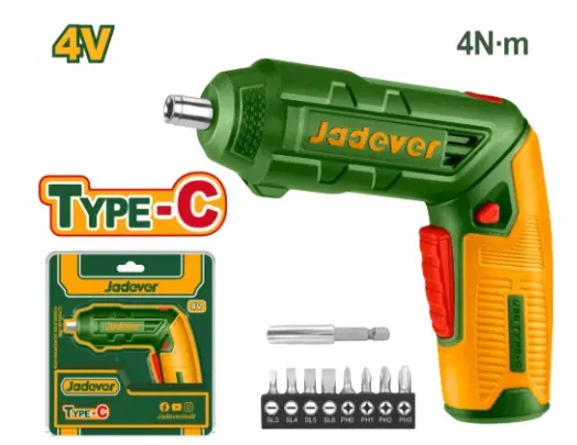 ATORNILLADOR / DESTORNILLADOR INAL. 1/4" 4V 240 RPM RECAR USB C LUZ LED INT. C/ 8 PUNTAS REF. JDCV4415 MARCA JADEVER