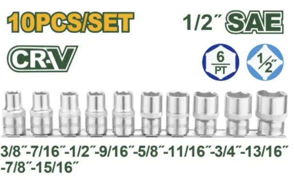 JUEGO DE DADOS HEXAGONAL 10 PZAS DE 1/2" ( 3/8" - 15/16") 6 PUNTAS REF. UJDST2410 REF. JADEVER