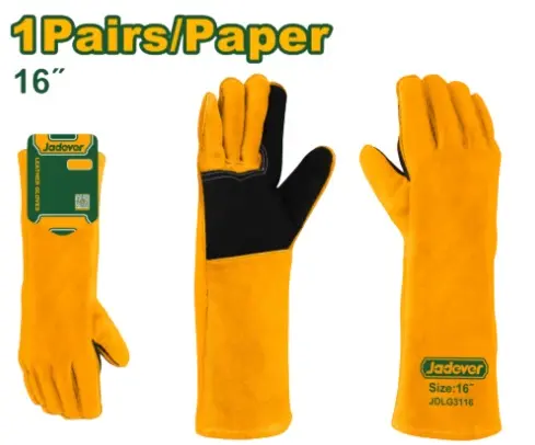 GUANTES DE SOLDADURA EN PIEL DE VACUNO ALARGADO 16" COLOR AMARILLO REF. JDLG3116 MARCA JADEVER