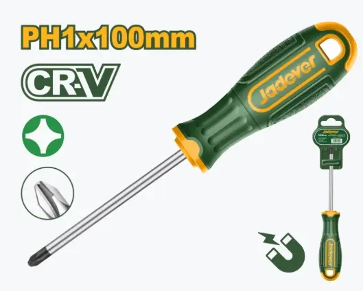 DESTORNILLADOR DE ESTRIA PH1 X 100MM PUNTA NEGRA MAGNETICA CR-V MANGO ERGONOMICO REF. JDSD2214 MARCA JADEVER