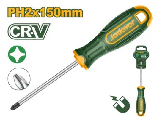 DESTORNILLADOR DE ESTRIA PH2 6 X 150MM PUNTA NEGRA MAGNETICA CR-V MANGO ERGONOMICO REF. JDSD2226 MARCA JADEVER