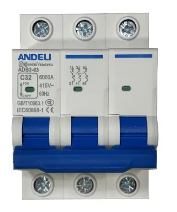 BREAKER TERMOMAGNETICO 3 X 32 AMP C. CURVE MOD. ADB3-63-3P-32A REF. CON02460 MARCA ANDELI