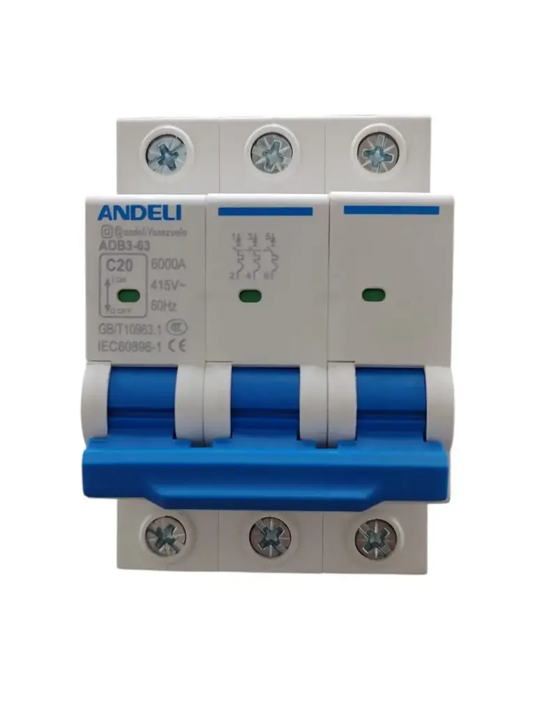 BREAKER TERMOMAGNETICO DE 3 X 20 AMP C CURVE MOD. ADB3-63-3P-20A REF. CON02554 MARCA ANDELI