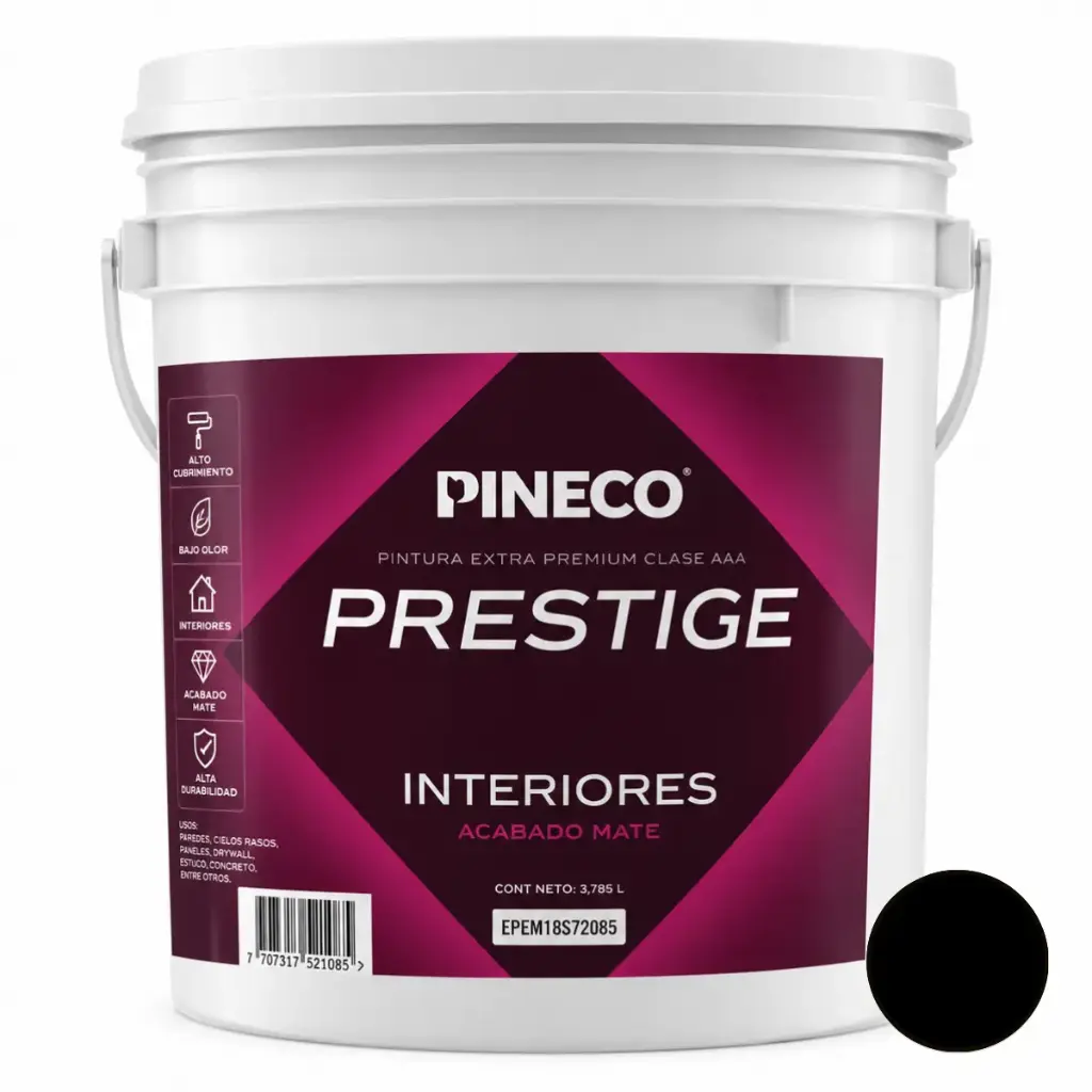 PINTURA DE CAUCHO MATE PRESTIGE INT. CLASE AAA 4 GL (PAILA) COLOR NEGRO FUMO REF. PRS6901A4G MARCA PINECO 
