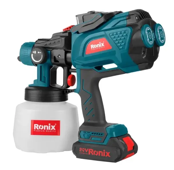PISTOLA PARA PINTAR INALAMBRICA 20V 1200ML FLUJO MAX 600 ML/MIN 32000RPM C/LUZ LED 4W 6500K C/BAT. 2.0 HA + CARG REF. 8604 MARCA RONIX